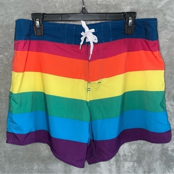 Rainbow Striped Pride Swim Surf Trunk Shorts Size Large - Picture 1 of 7